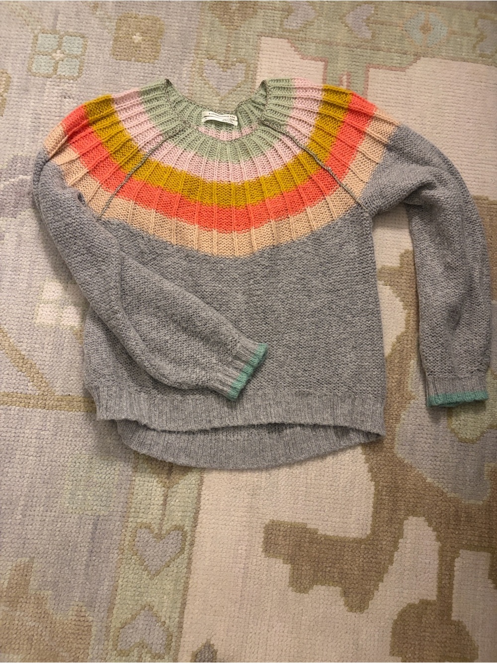 Anthropologie Gray Crewneck Sweater with Multicolor Ribbed Yoke